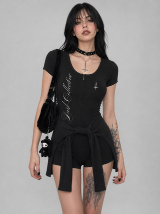 Shadowveil Cape Tie-Waist Romper Bodysuit By MorteNoir