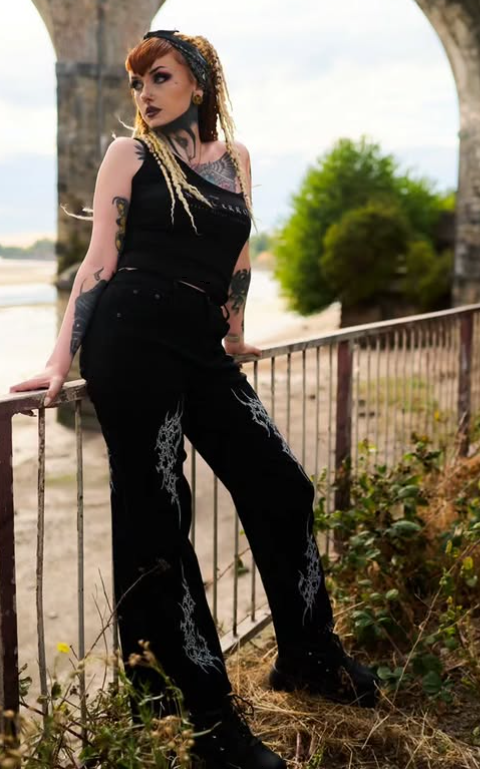 Malefic Sigil Flared Jeans / Angel Error Crop Top by MorteNoir UK gothic fashion