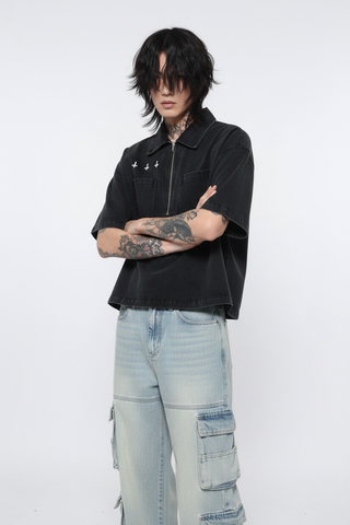 Shadowwash Quarter-Zip Denim Shirt Shirts & Long Sleeves By MorteNoir