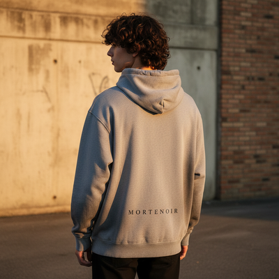 Authentic Flower Gray hoodie back view with MORTENOIR text