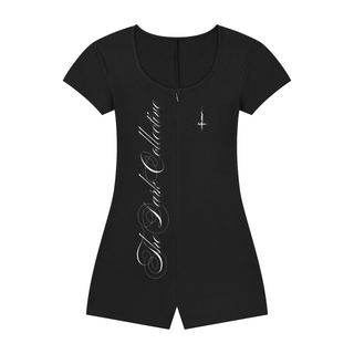 Shadowveil Cape Tie-Waist Romper Bodysuit Black By MorteNoir