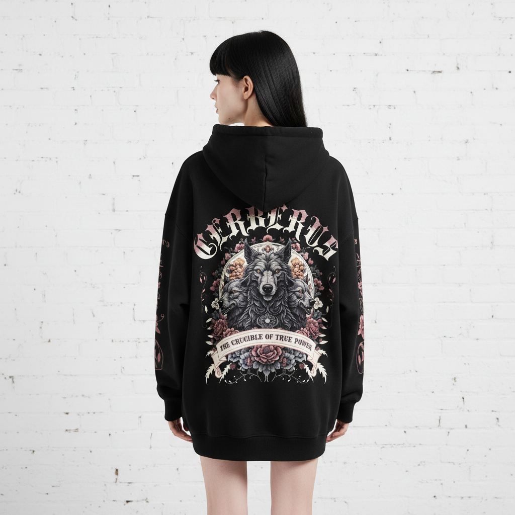 Back view of female model with black hair and bangs wearing black oversized hoodie