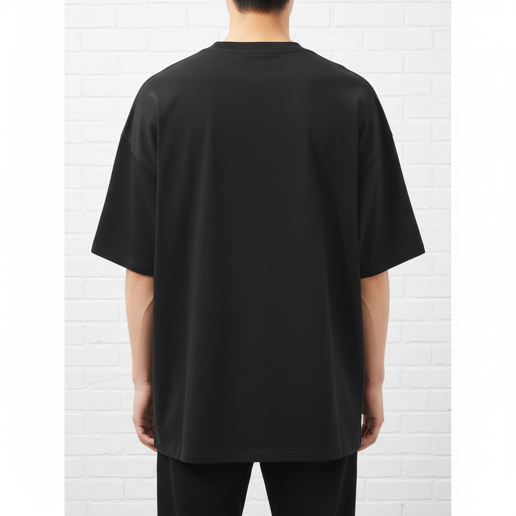 Back view of male model wearing black drop shoulder t-shirt