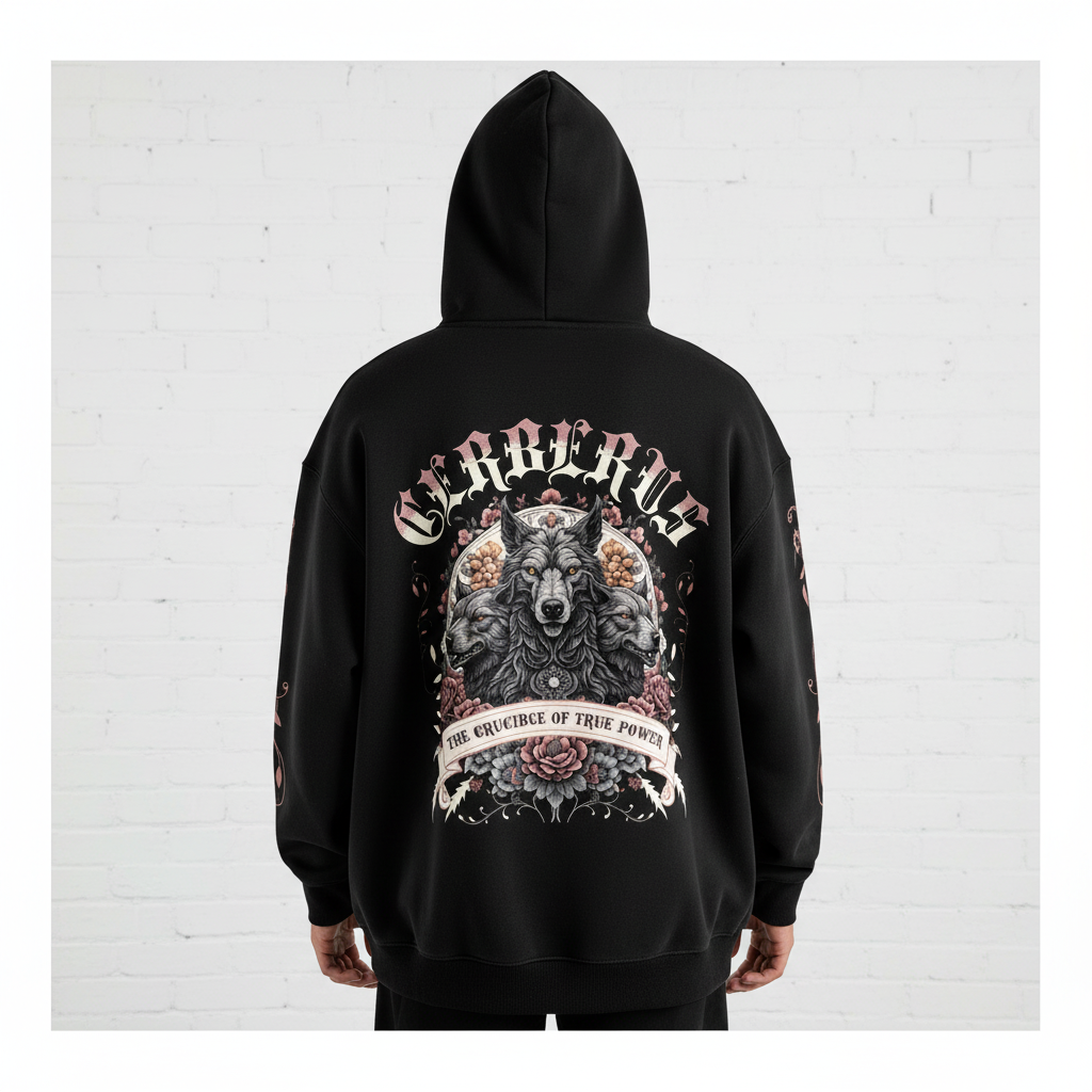 Back view of male model wearing black oversized hoodie