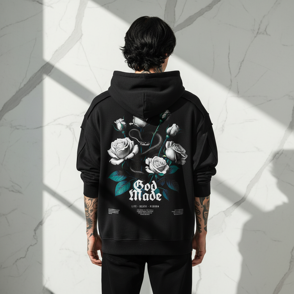 Back view of Raw Edge Contrast Tape Double Layered Hoodie on male model