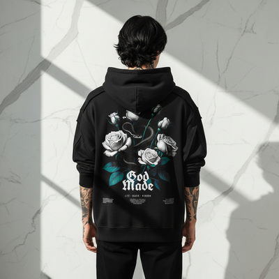 Back view of Raw Edge Contrast Tape Double Layered Hoodie on male model