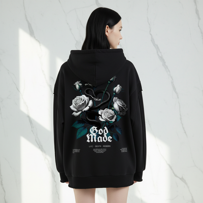 Back view of Raw Edge Double Layered Hoodie on female model - authentic solid black