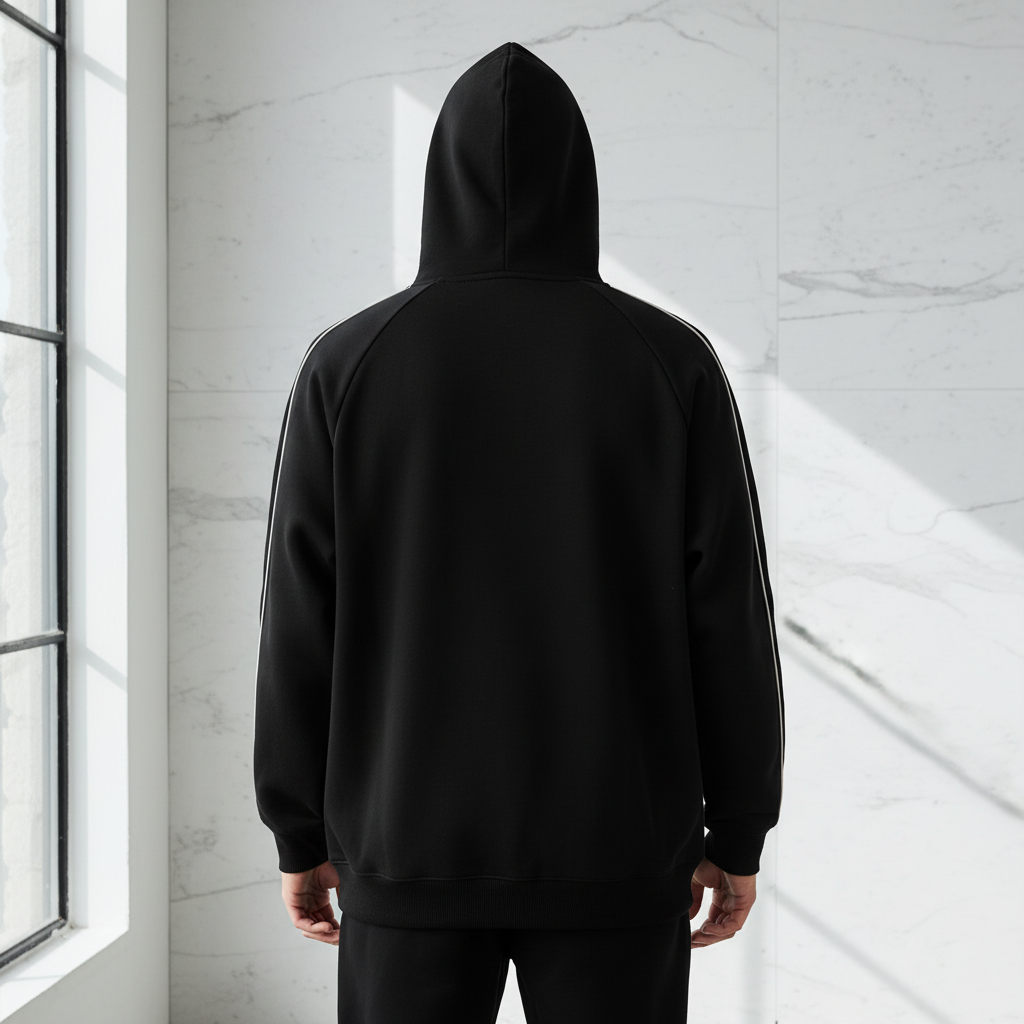 Back view of Shadow Black Contrast Piping Raglan Hoodie with natural lighting