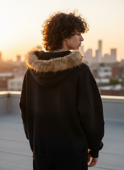 Black Fur Hoodie - Back View with Fur on Hood