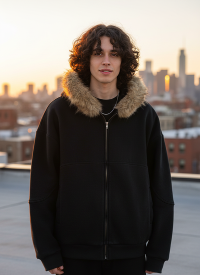 Black Fur Hoodie - Front View with Model 5