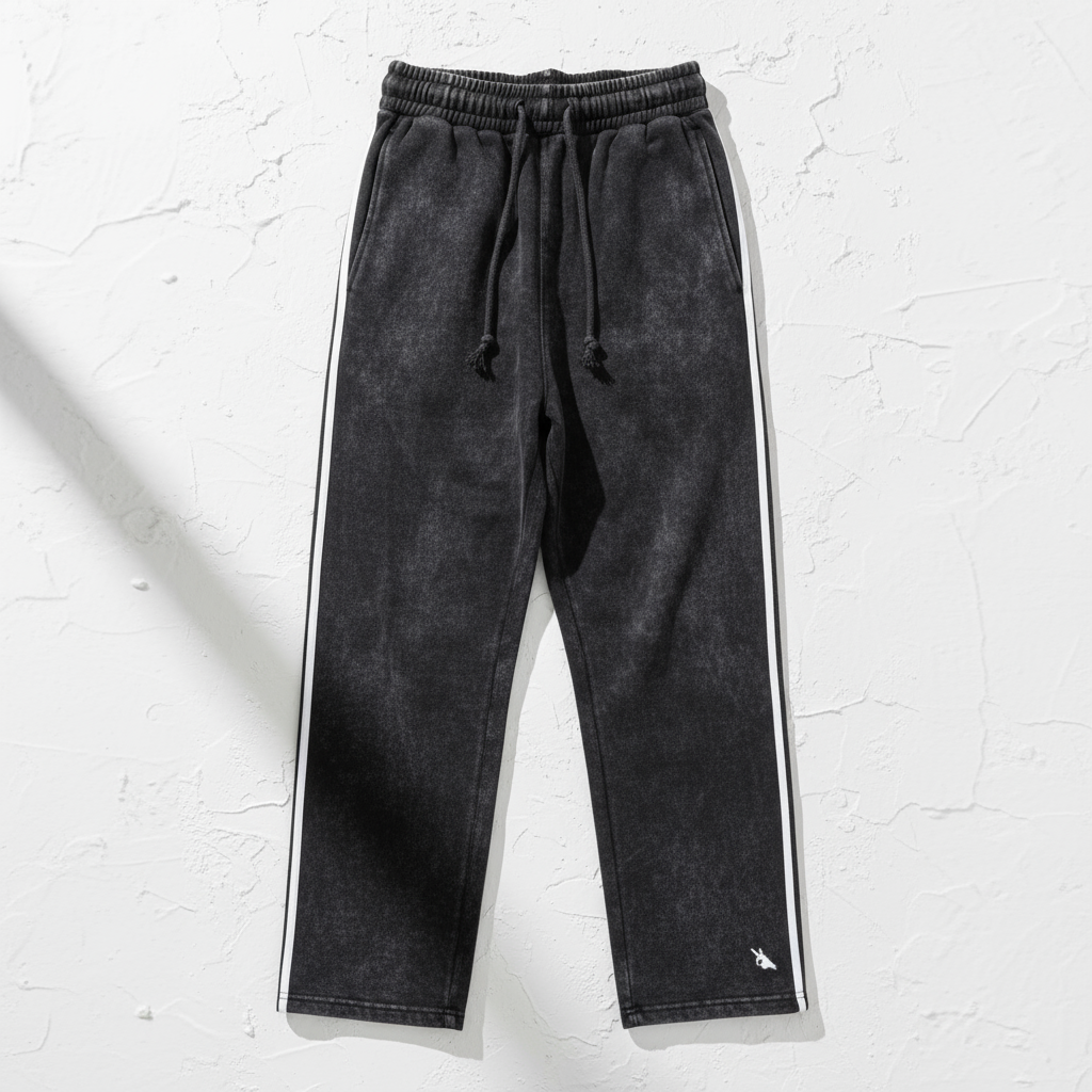 Black Snow Washed Contrast Tape Sweatpants Front View