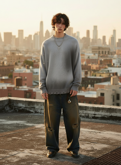 Distressed Gradient Knit Sweater - Front View