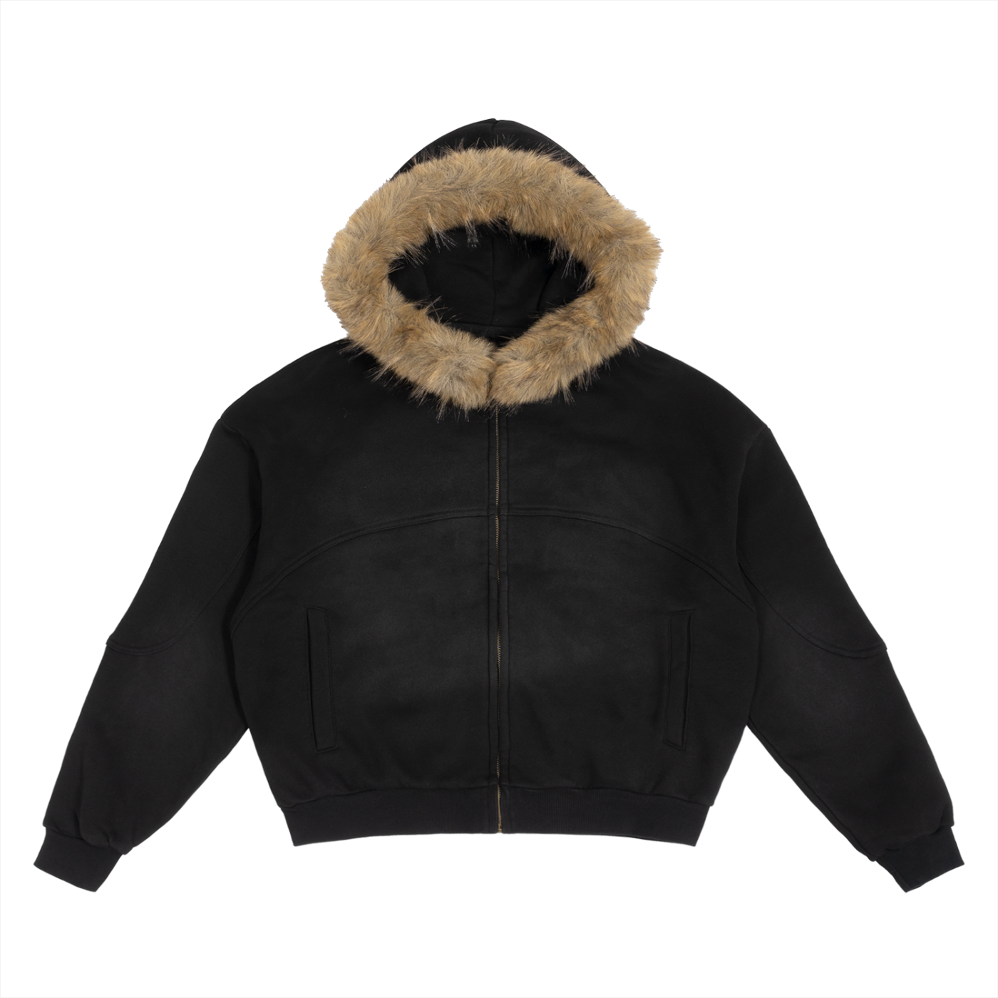 MorteNoir Black Fur-Trimmed Hoodie - Boxy Oversized Zip-Up with Detachable Hood