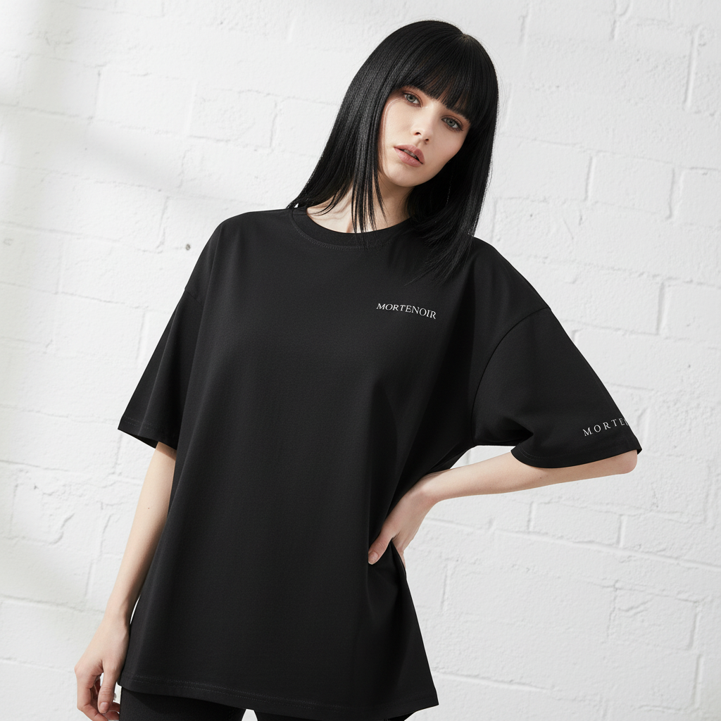 Female model in angled pose with hand on hip wearing black t-shirt