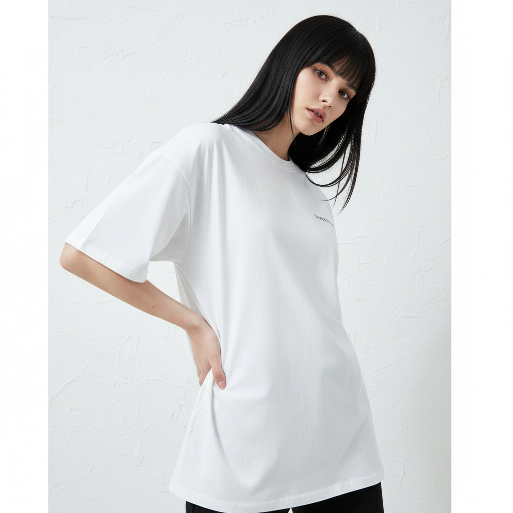 Female model in angled pose with hand on hip wearing MORTENOIR t-shirt