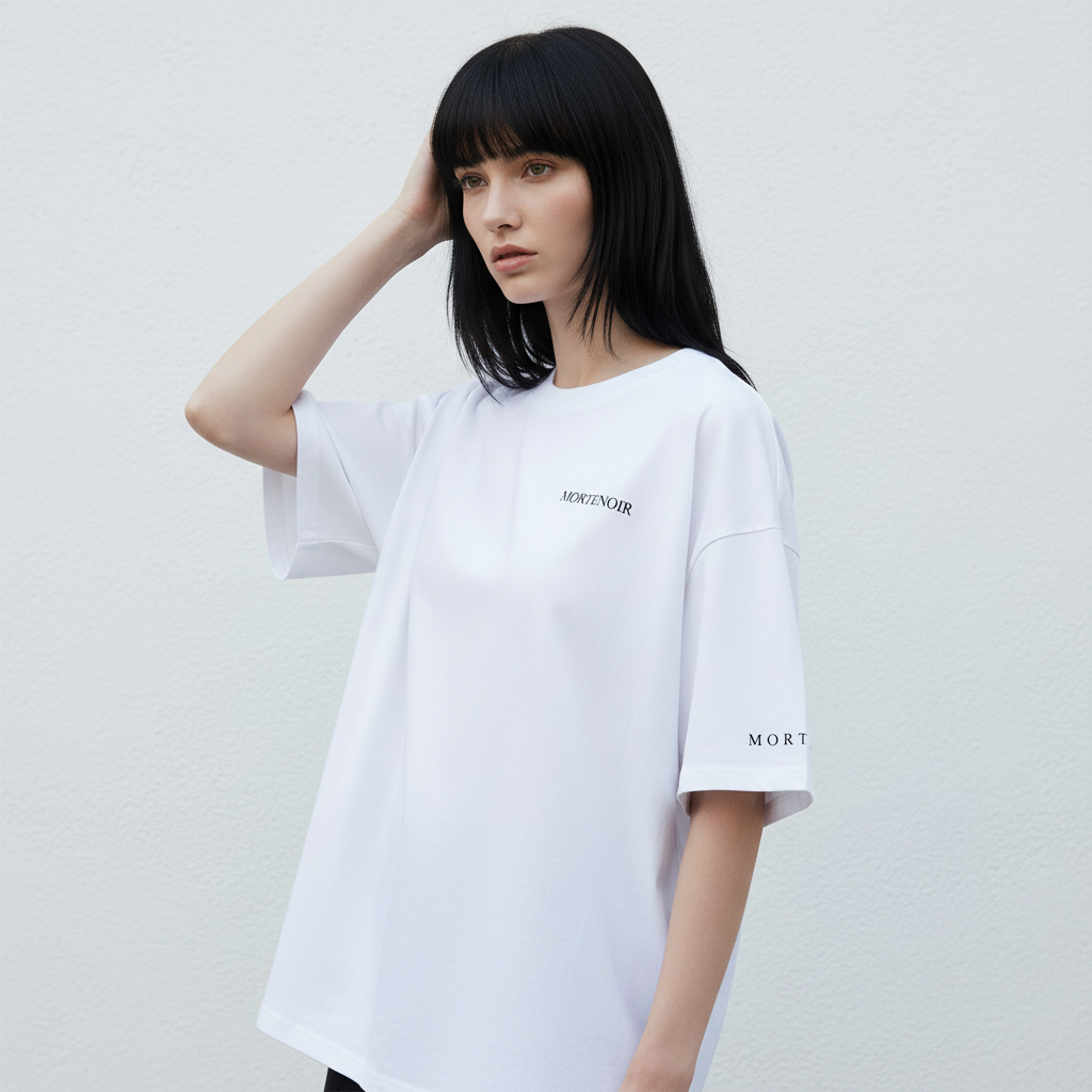 Female model in three-quarter view with hand in hair wearing MORTENOIR t-shirt