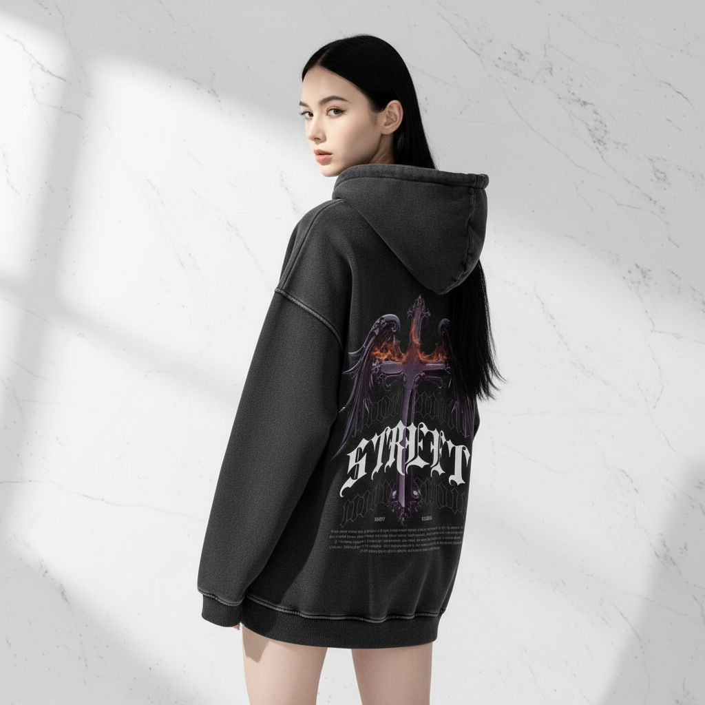 Female model wearing hoodie from back