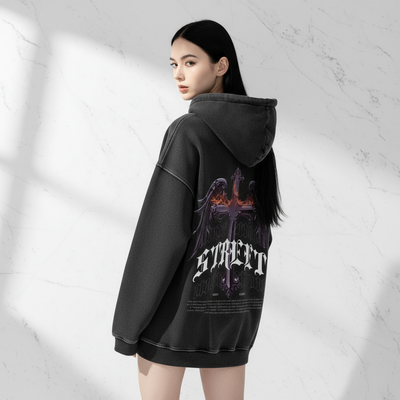 Female model wearing hoodie from back