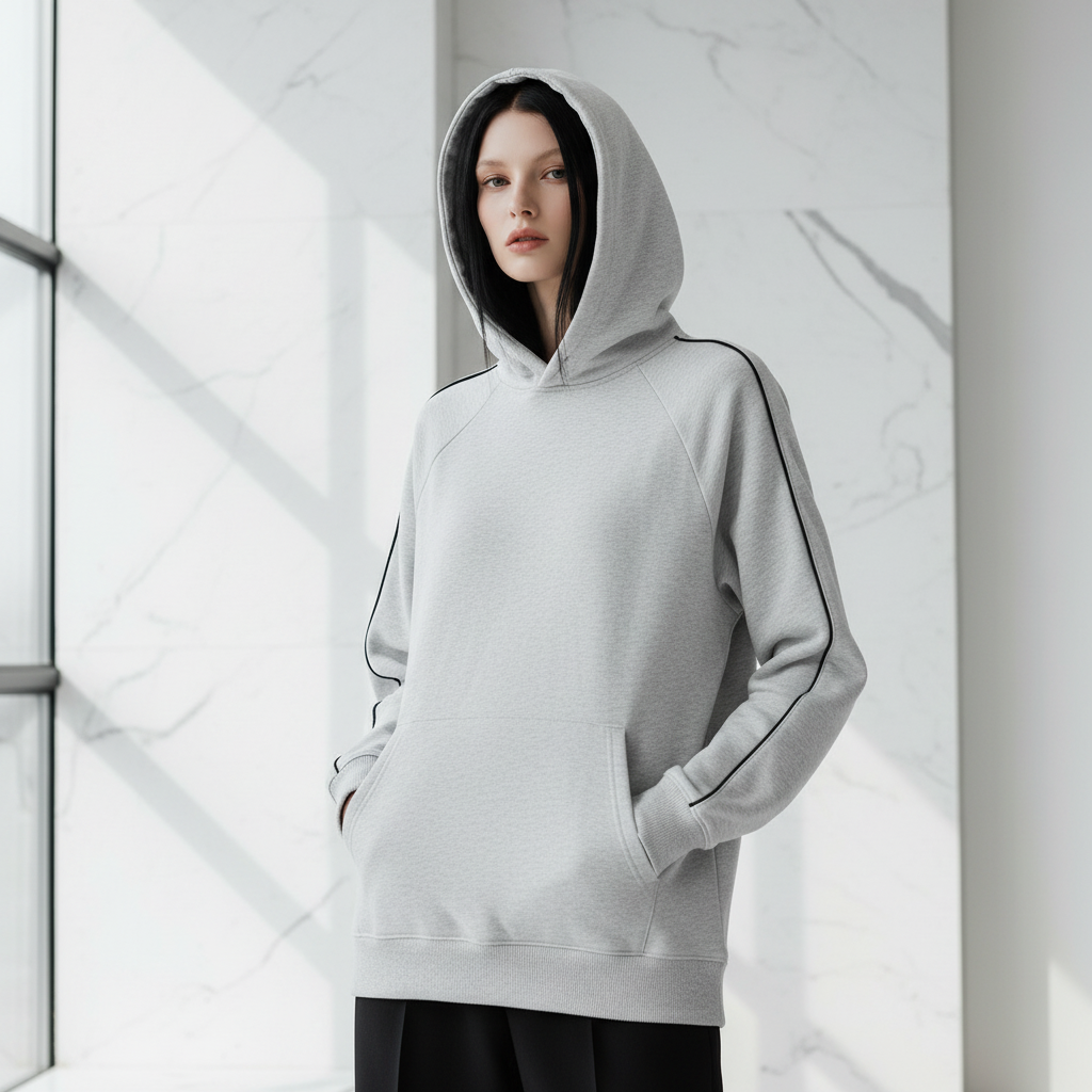 Front view of white/gray raglan hoodie on female model