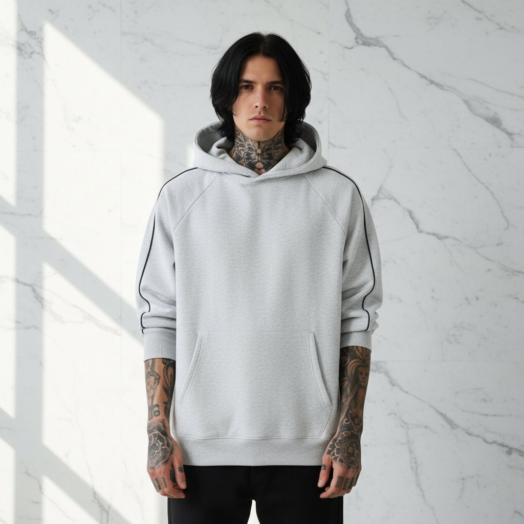 Front view of white/gray raglan hoodie on male model