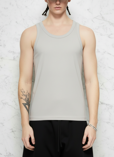 Front view with Flower Gray tank top