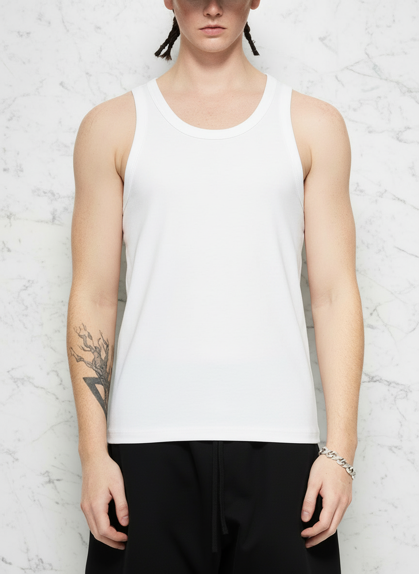 Front view with white tank top