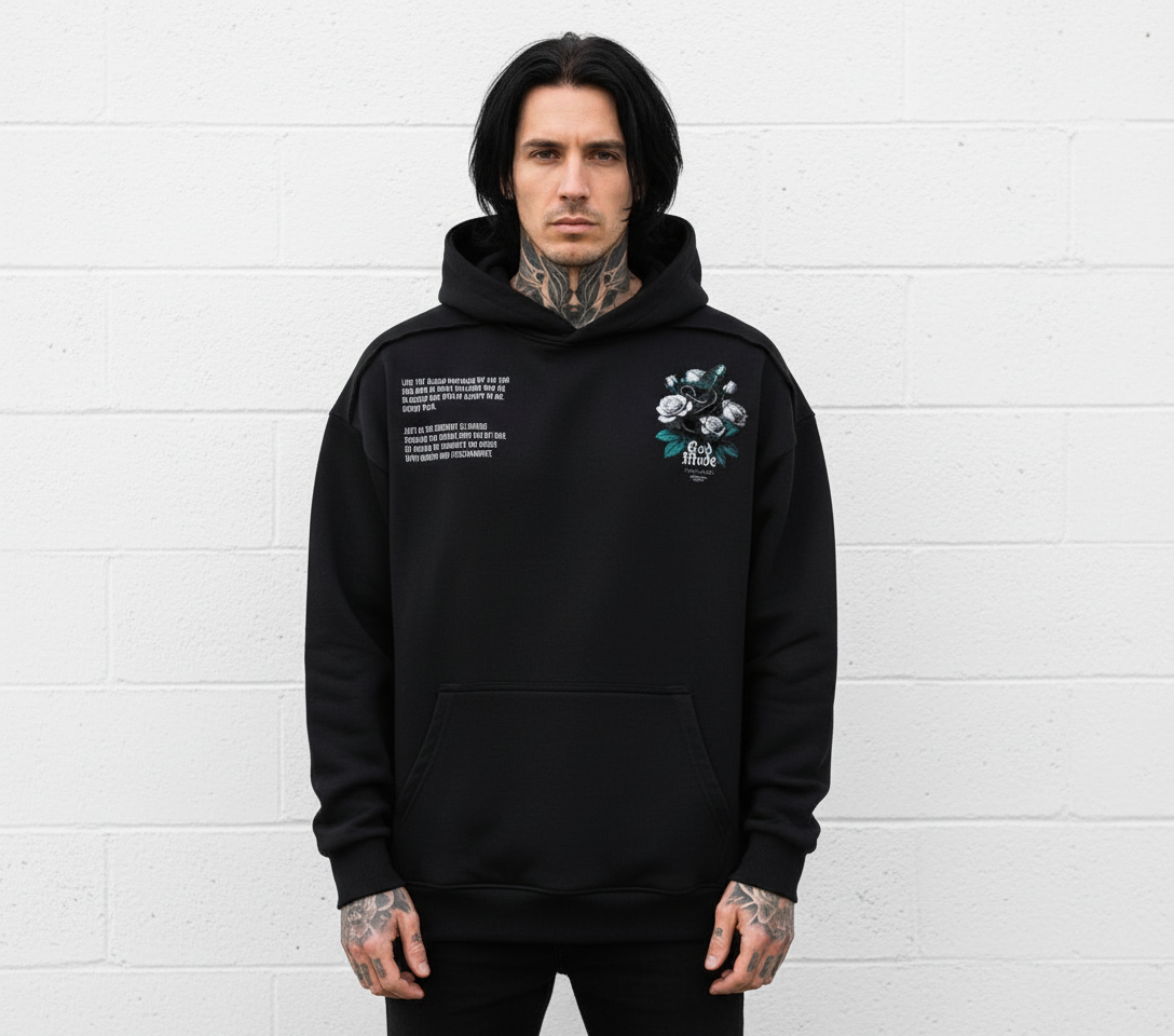 God Mode Hoodie - Male Model Front View No Drawstrings