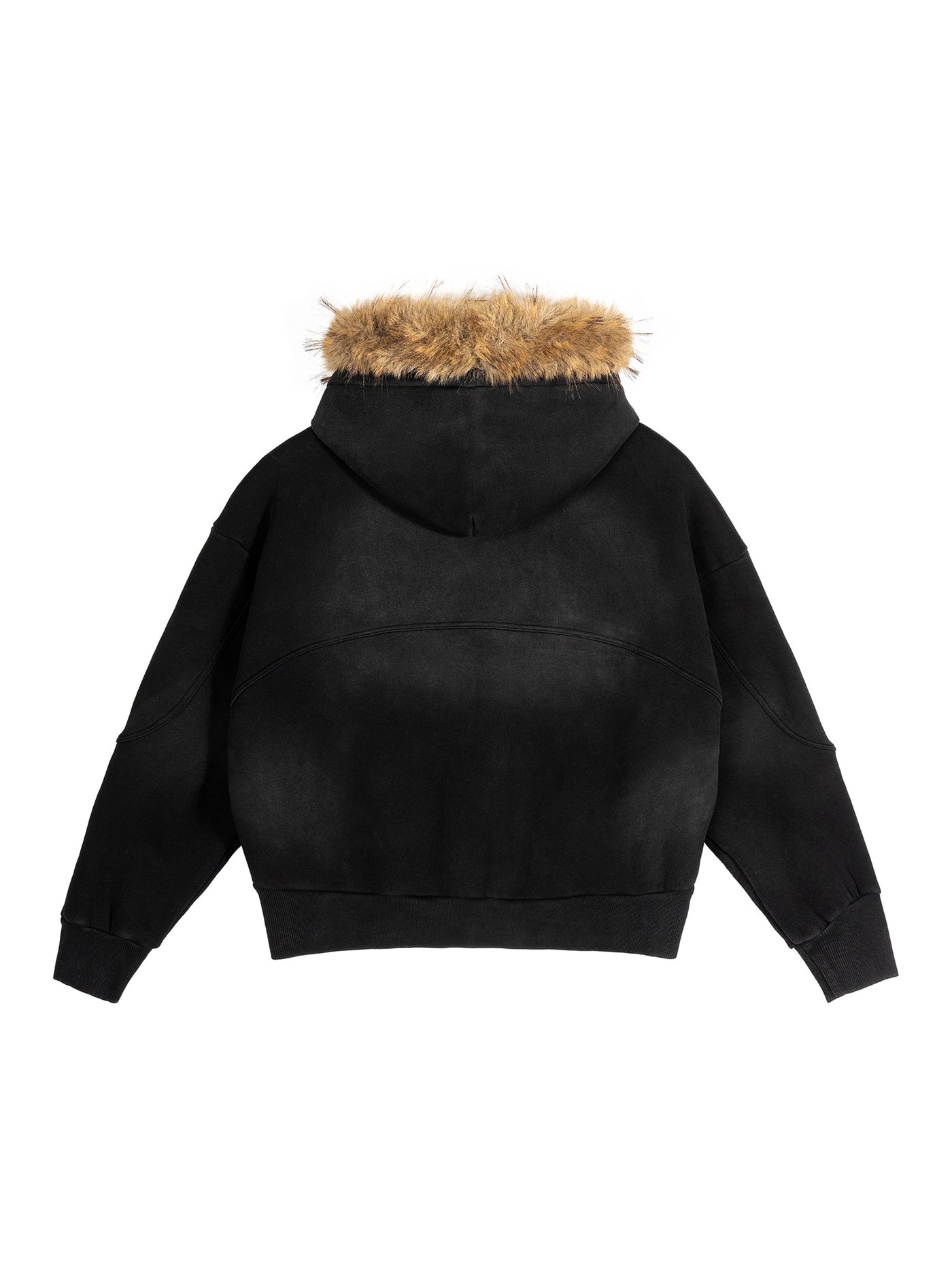 MorteNoir Black Fur-Trimmed Hoodie - Boxy Oversized Zip-Up with Detachable Hood