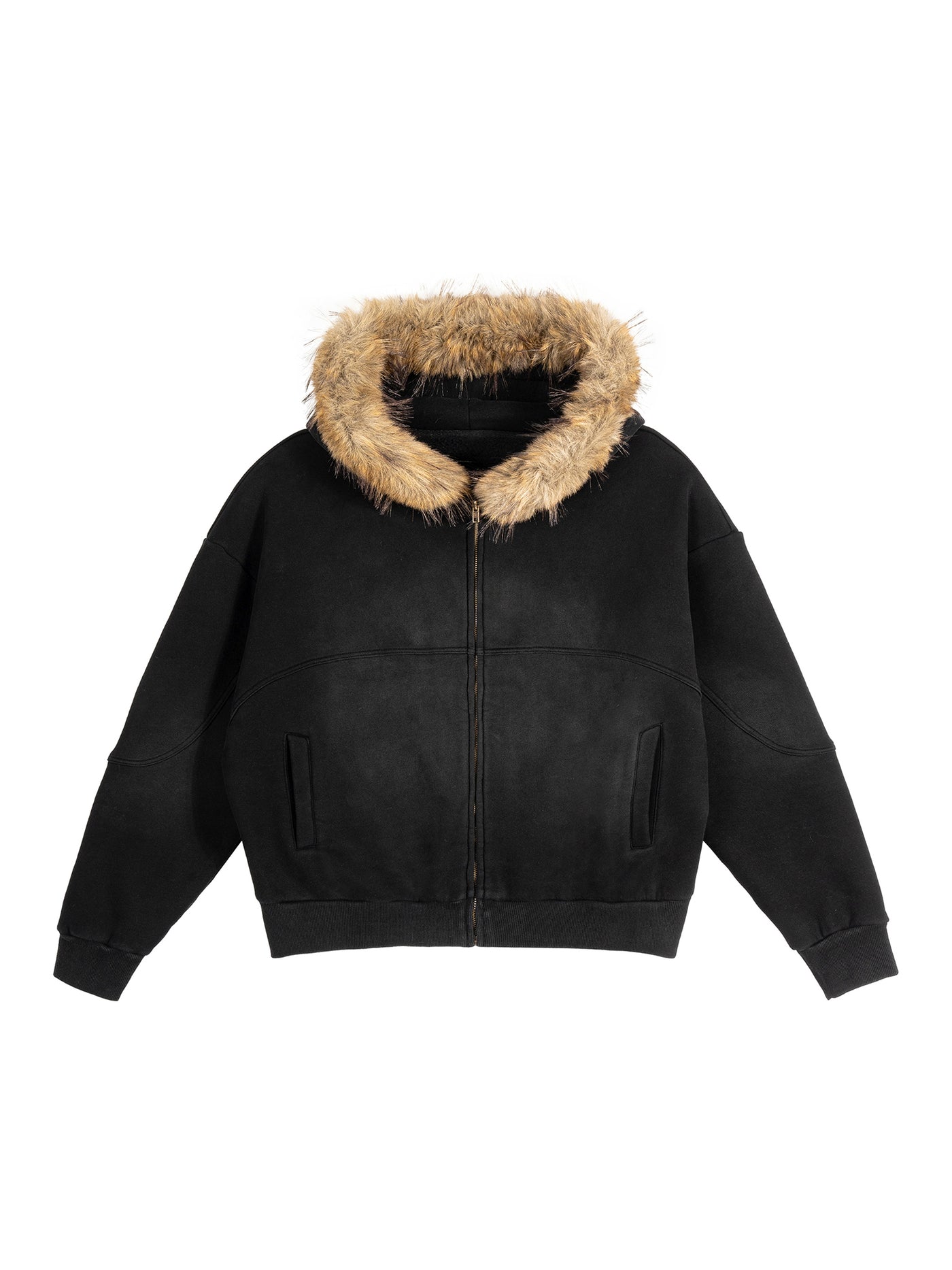 MorteNoir Black Fur-Trimmed Hoodie - Boxy Oversized Zip-Up with Detachable Hood