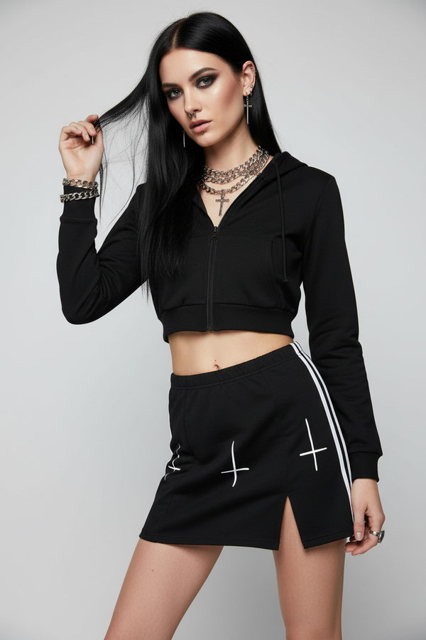 Leaning Pose Cropped Hoodie & Skirt