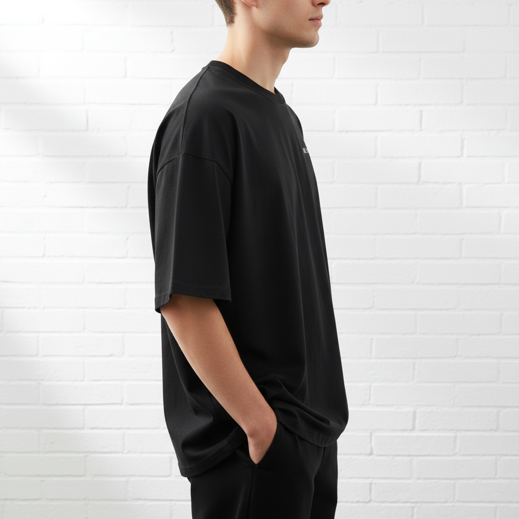 Male model in side profile pose wearing black t-shirt