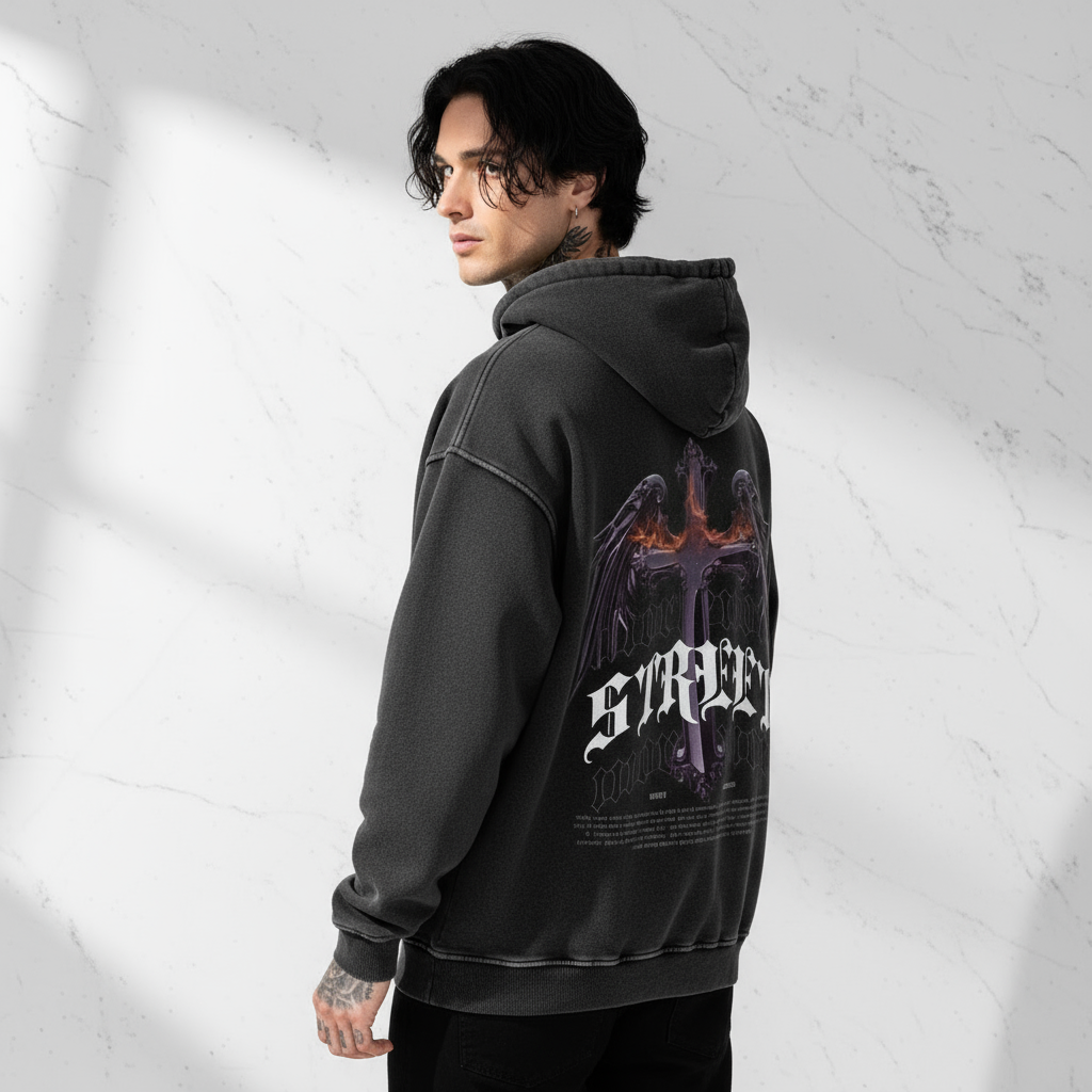 Male model wearing hoodie from back