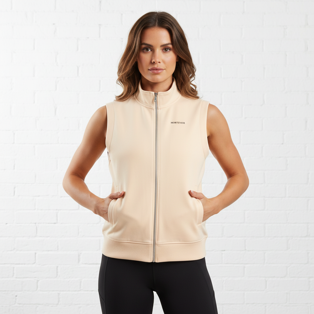 Mild Apricot vest front view with black MORTENOIR text