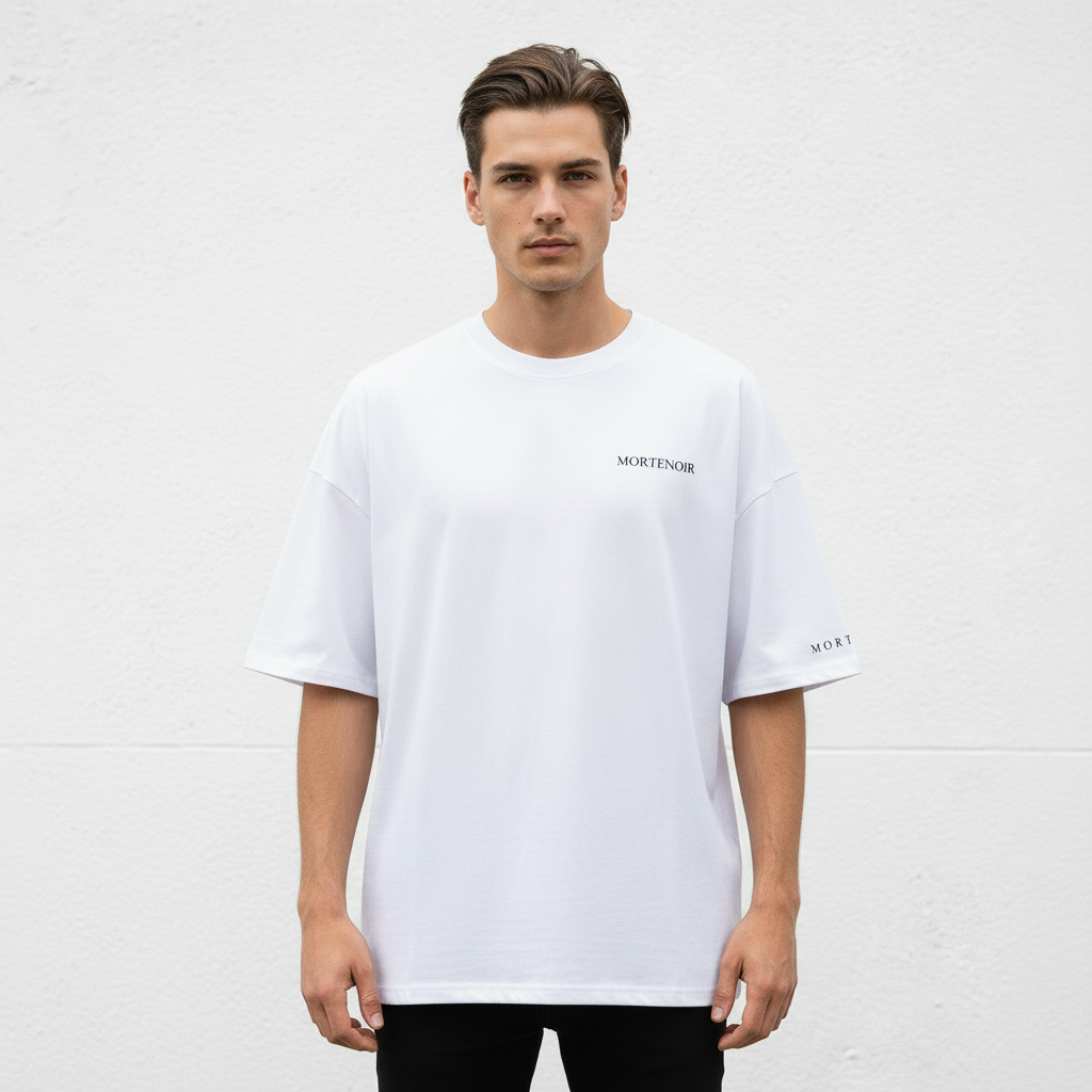 Model wearing white MORTENOIR t-shirt front view