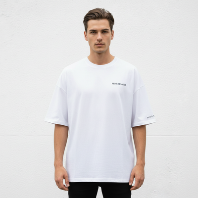 Model wearing white MORTENOIR t-shirt front view