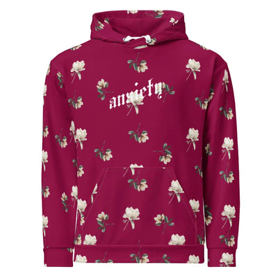 MorteNoir ANXIETY Crimson Floral Hoodie - Unisex Burgundy - MorteNoir