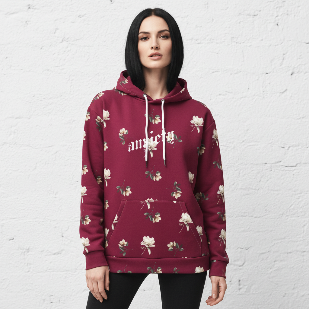 MorteNoir ANXIETY Crimson Floral Hoodie - Female Model