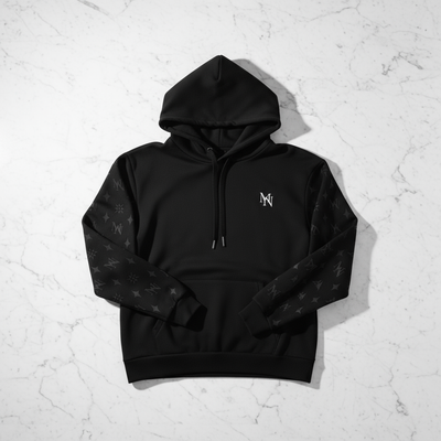 MorteNoir MN Print Sleeve Premium Hoodie Flat Lay