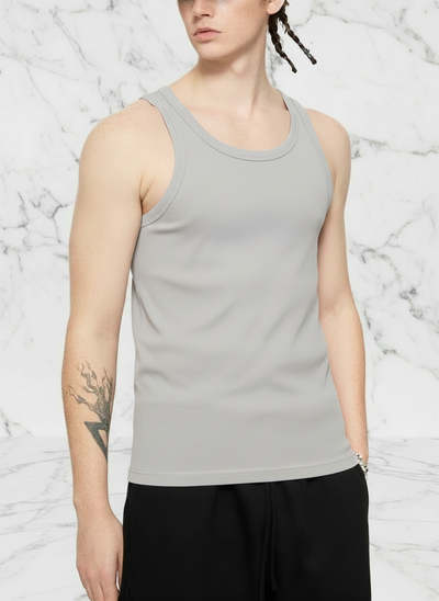 Side angle view with Flower Gray tank top