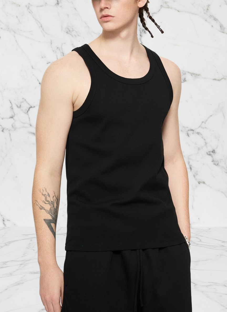 Side angle view with white stone background