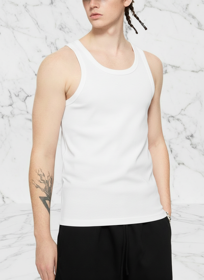 Side angle view with white tank top